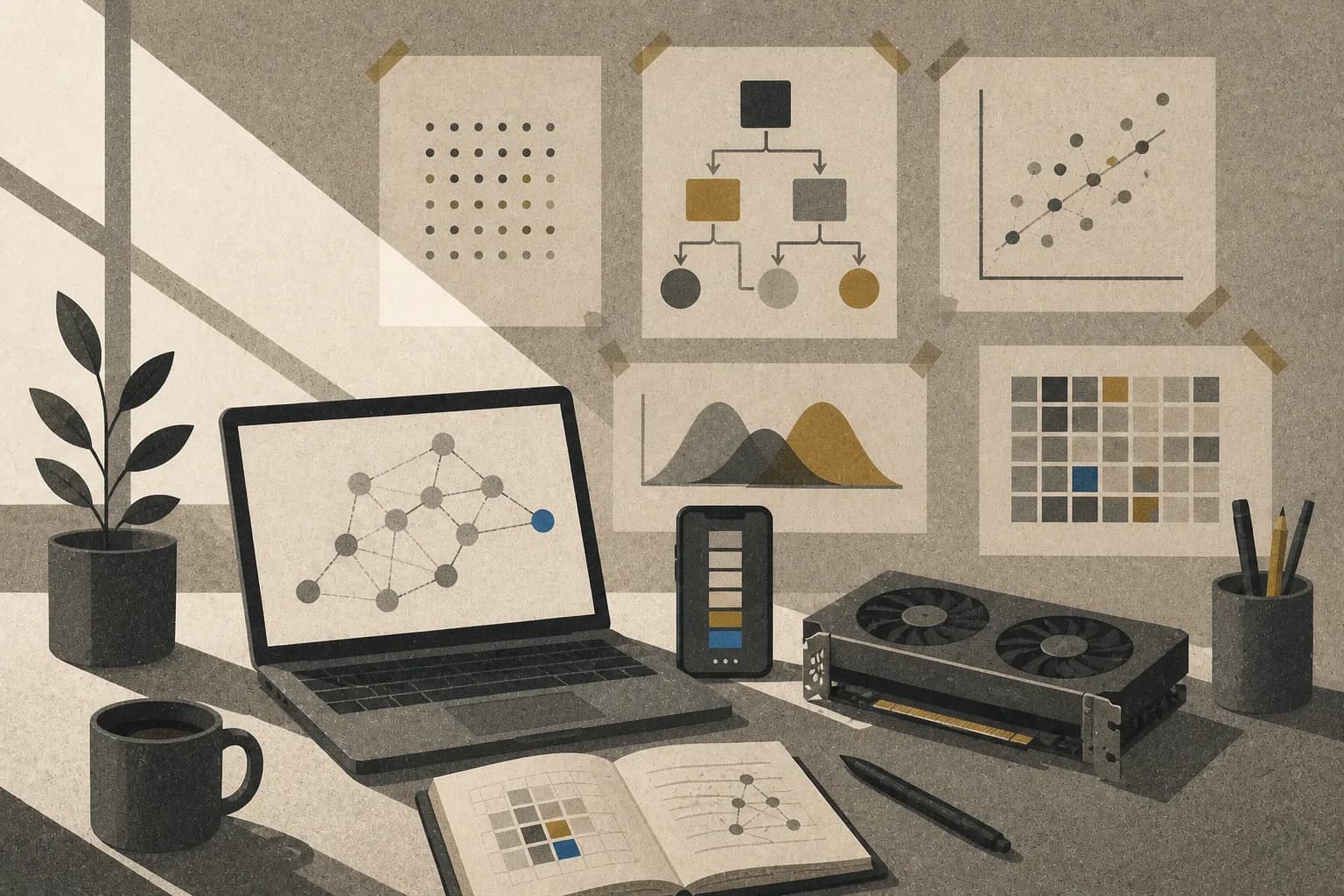 Grainy illustration of a laptop, a phone, and a single graphics card on a desk, with charts pinned on the wall above them